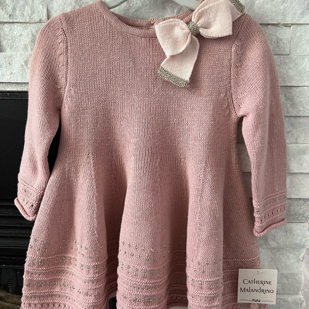 Catherine Malandrino 3-6 months pink a-line sweater dress with gold details.
